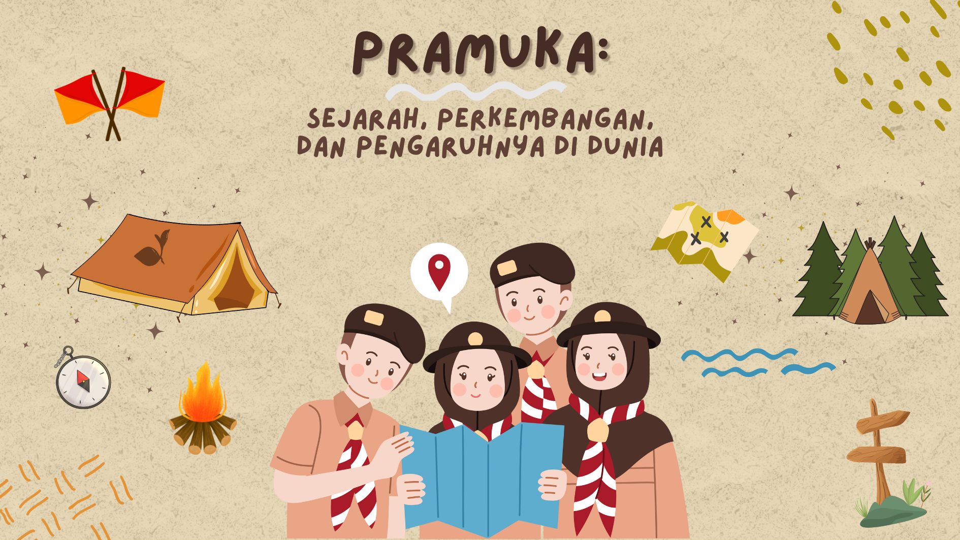 Cover untuk "Pramuka: Sejarah, Perkembangan, dan Pengaruhnya di Dunia" dengan anak-anak berseragam Pramuka serta atribut yang terkait dengan gerakan Pramuka.